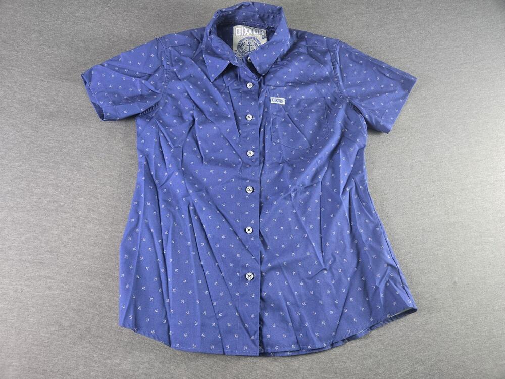 Dixxon Shirt Womens Medium Blue Anchor Print Short Sleeve Button Up The Avery